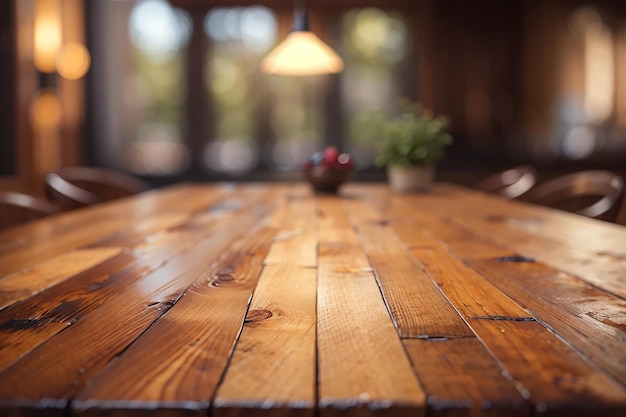 Wooden table on front blurred background