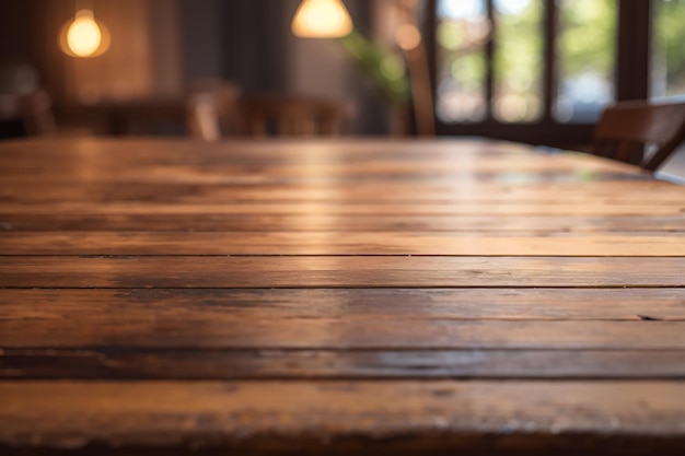 Wooden table on front blurred background