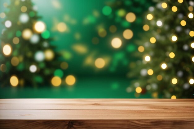 Wooden table in front blurred christmas background generated by ai