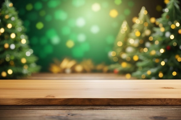 Wooden table in front blurred christmas background generated by AI