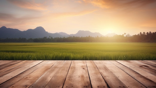 日の出のぼやけた田んぼと山の前の木製テーブル生成AI画像