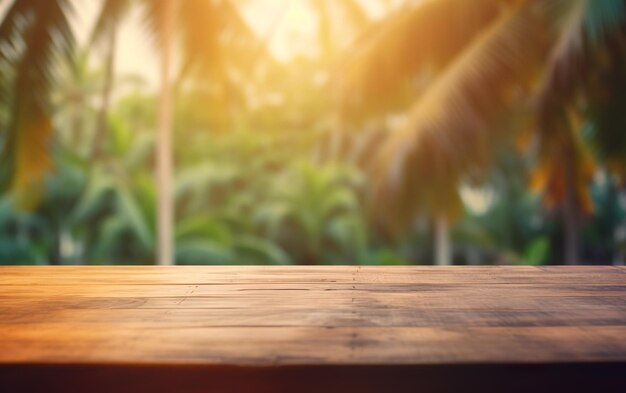 Wooden table in front of blurred tropical background AI Generative AI