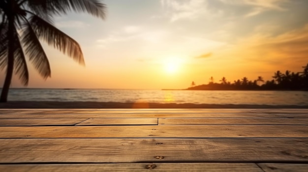Деревянный стол перед размытым тропическим пляжем на закате Generative AI Image