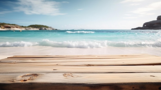 Wooden table in front of blurred white sand beach Generative AI Image