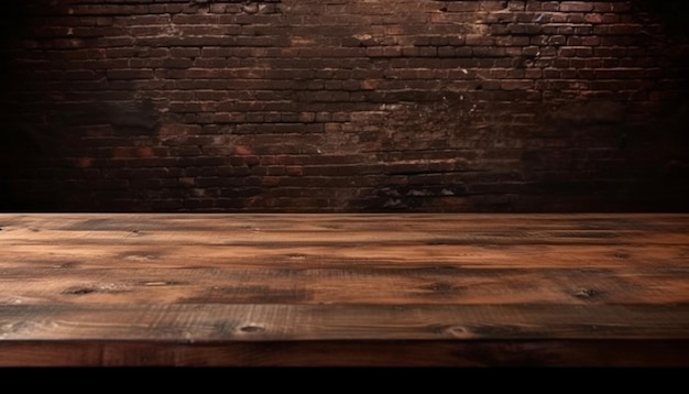 A wooden table in front of a brick wall