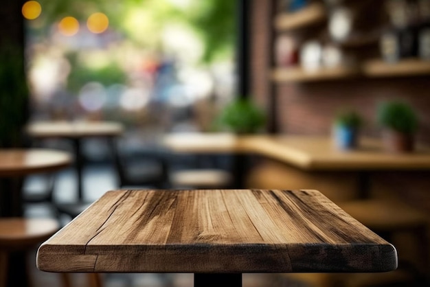 A wooden table in front of a cafe with a blurred background.