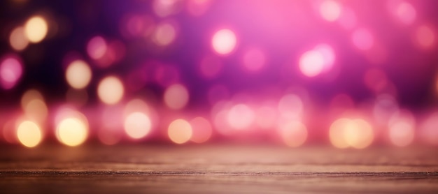 Wooden table in front of colorful bokeh lights banner background