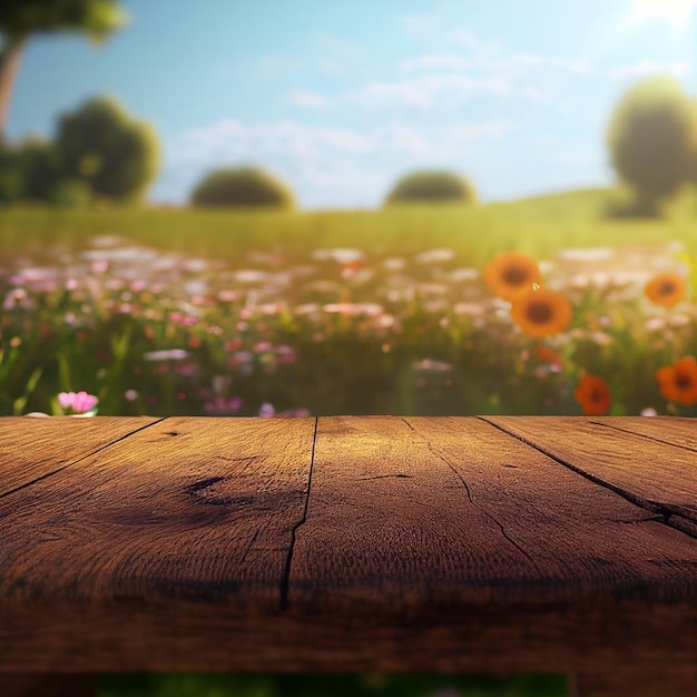 Wooden Table in Front of Field of Flowers 3d illustration Table is made of weathered wood