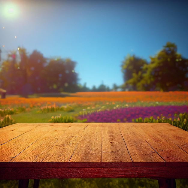 Wooden Table in Front of Field of Flowers 3d illustration Table is made of weathered wood