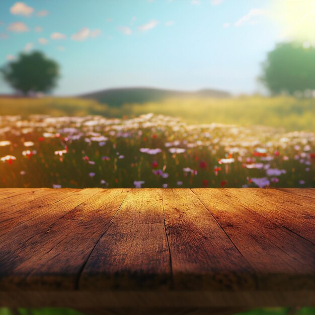 Wooden Table in Front of Field of Flowers 3d illustration Table is made of weathered wood