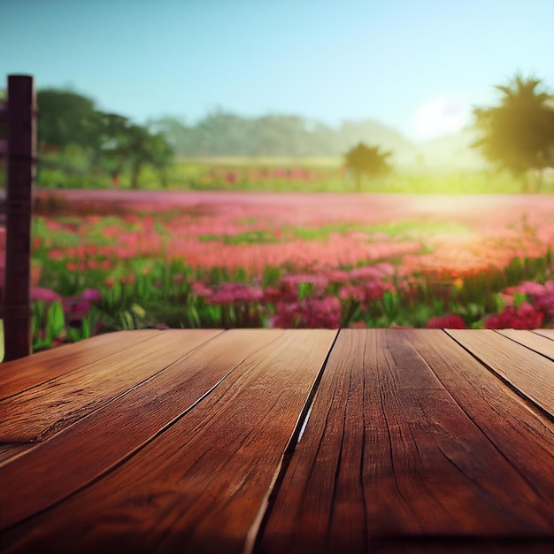 Wooden Table in Front of Field of Flowers 3d illustration Table is made of weathered wood