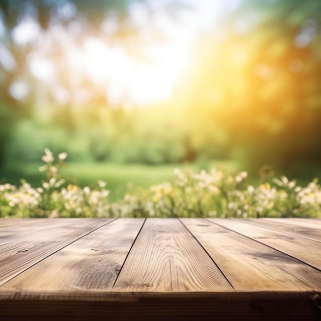 Wooden table in front of a field of flowers