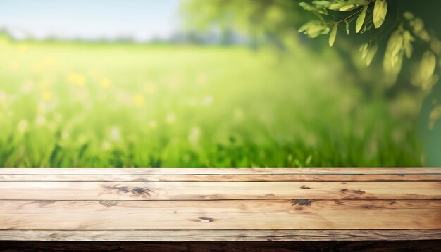 A wooden table in front of a field