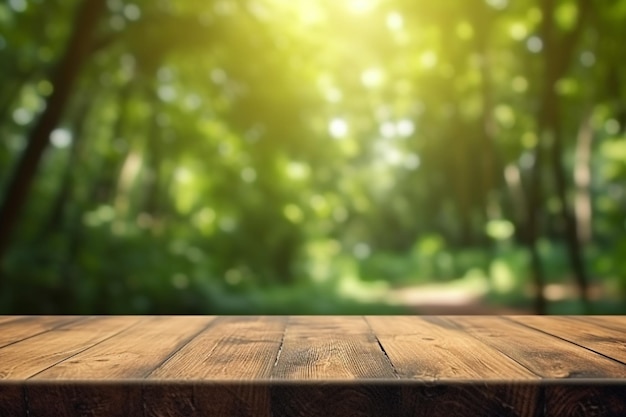 A wooden table in front of a forest background