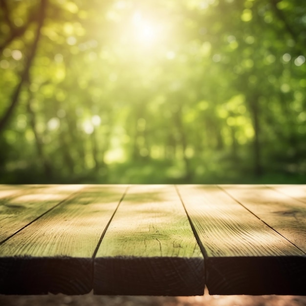 A wooden table in front of a forest with sunlight background