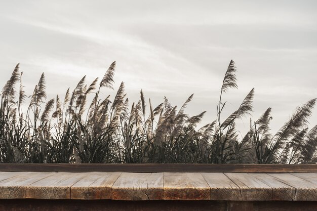 Wooden table in front of green grass and sky