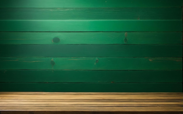 Wooden table in front of green wooden wall Ready for product display montage High quality photo