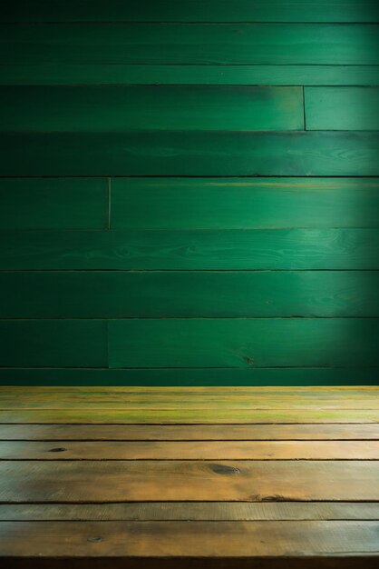 Wooden table in front of a green wooden wall wooden background High quality photo