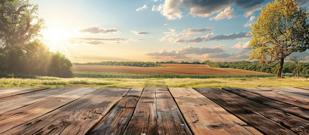 Foto tavolo di legno di fronte a un paesaggio con campi