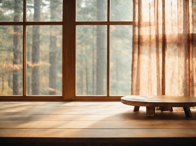 Wooden table in front of a window with a curtain and view of the forest High quality photo