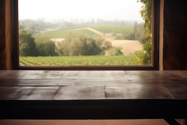 A wooden table in front of a window with a view of a vineyard.