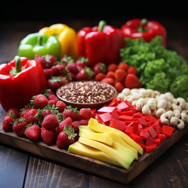 A wooden table full of fresh fruits and vegetables