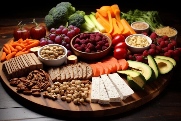 A wooden table full of healthy food including fruits vegetables nuts seeds and bread