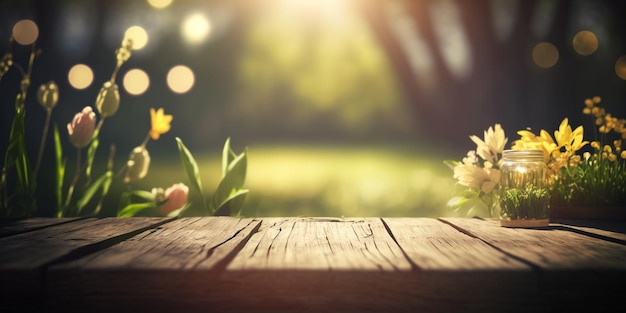 Wooden Table In garden With Bokeh Lights And Flare