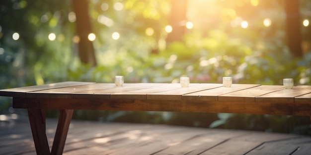 Photo wooden table in garden with bokeh lights and flare