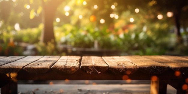 Wooden Table In garden With Bokeh Lights And Flare