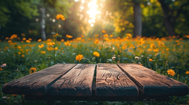 화창한 날에는 풀밭에 꽃이 핀 나무 테이블