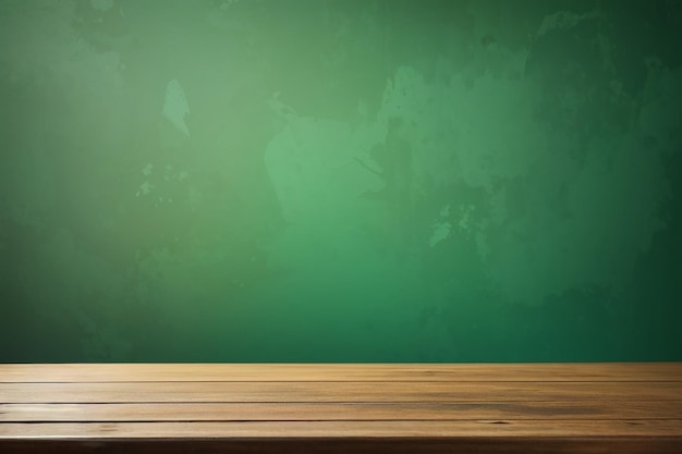 Wooden table on green background