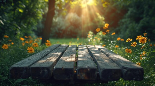 wooden table in green grass and flowers