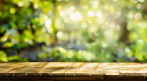 Wooden table and green natural background