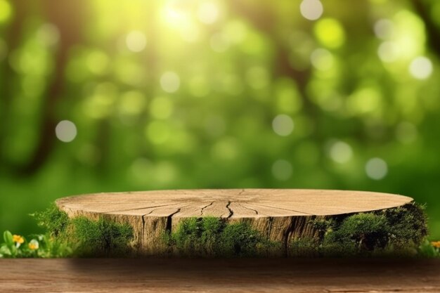 Wooden table on green nature background