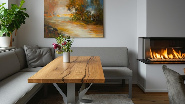 Wooden table next to grey corner settee in warm living room interior with painting Generative Ai