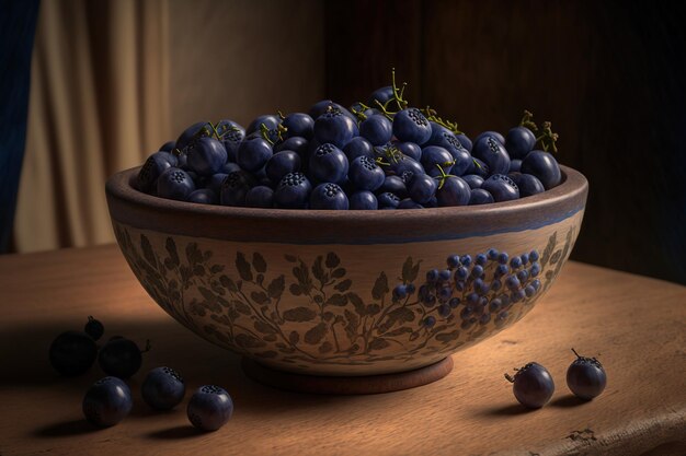 A wooden table has a bowl of blueberries on it