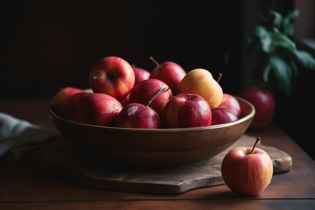 A wooden table holds a bowl of apples Generative AI