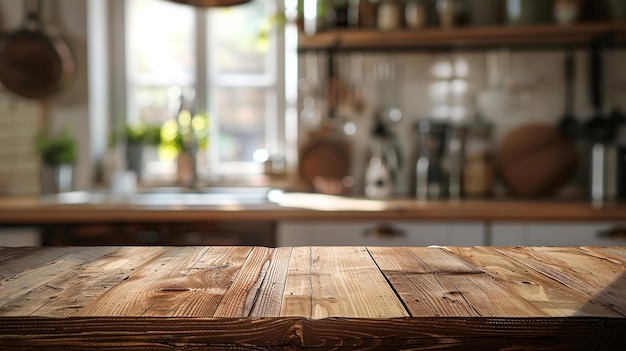 Фото Деревянный стол на домашней кухне с размытым фоном