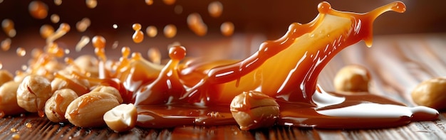 A wooden table is covered with a variety of nuts and drizzled with caramel sauce in a closeup view