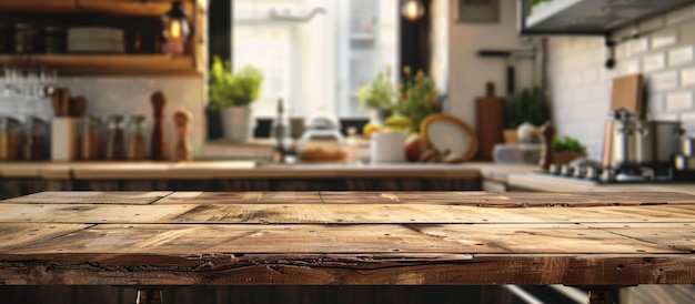 Photo a wooden table is empty with a blurry kitchen background