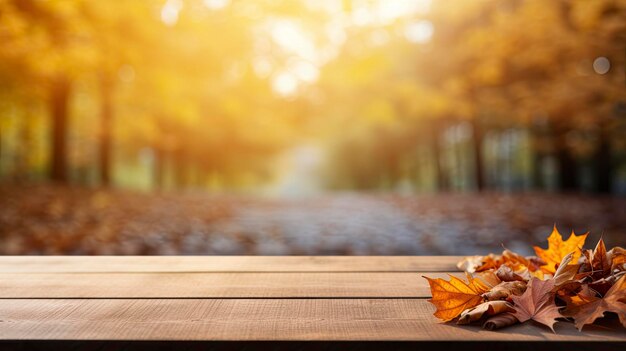 A wooden table is set against a backdrop of autumn leaves on a natural scenery