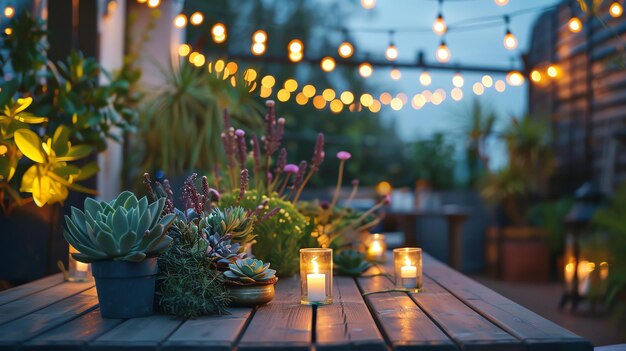 A wooden table is set with potted plants and candles The table is in a garden with a string of lights hanging overhead