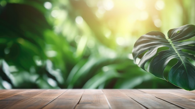 Wooden table on a jungle background