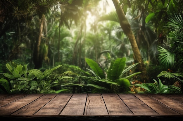 A wooden table in a jungle with a jungle background