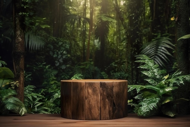 A wooden table in a jungle with a large green background