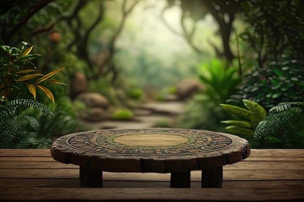 A wooden table in a jungle with a stone table in the middle.