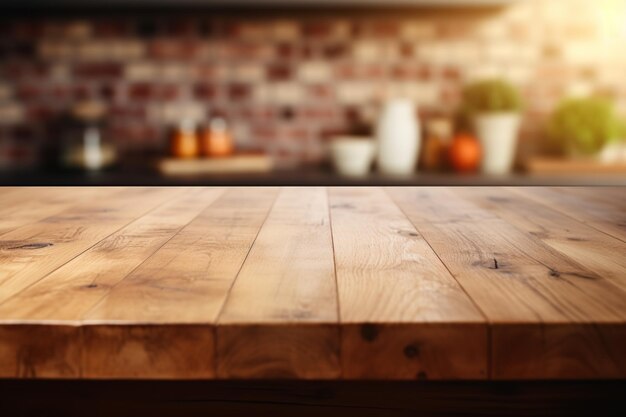 Wooden table in the kitchen on blurred background