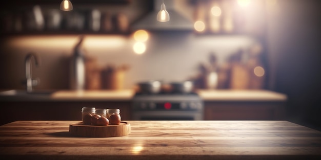 Photo wooden table in kitchen copy space