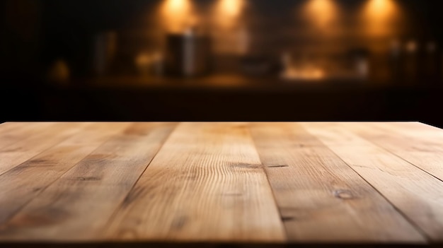 A wooden table in a kitchen with a light on it